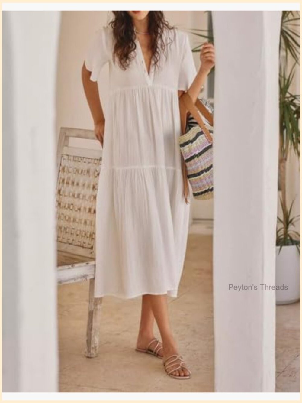 Cotton Flowy Maxi Dress Short Sleeve V Neck Empire Waist Boho Tiered Ruffle - Picture 3 of 7